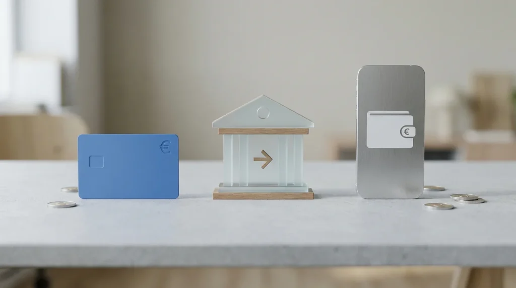 Neutrale illustratie van EUR-betalingen via kaart, bank en digitale wallet zonder betaalmerken