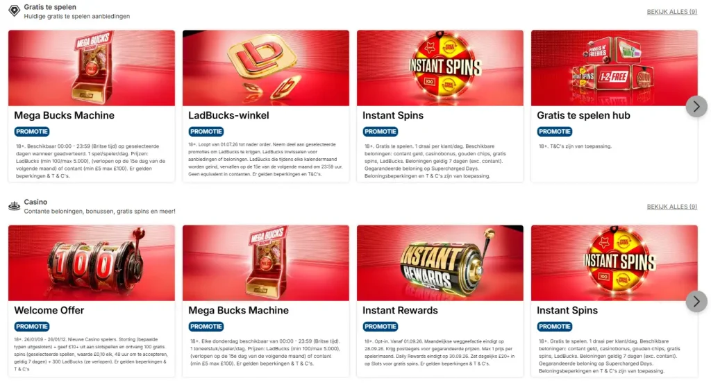 Ladbrokes promotions- en offerspagina met zichtbare promotiecategorieen