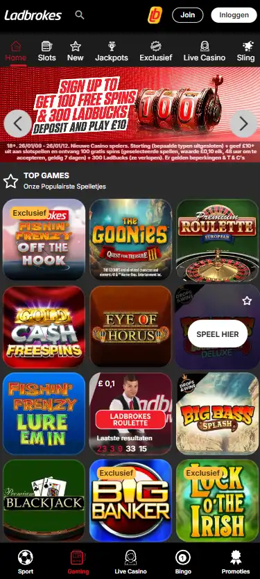 Echte Ladbrokes casino-interface weergegeven op een mobiel scherm