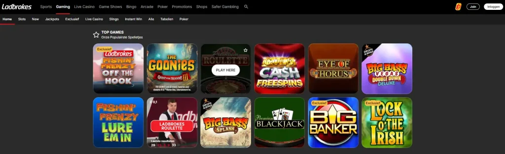 Actuele Ladbrokes slots- en gamecategorieënlobby als echte merk