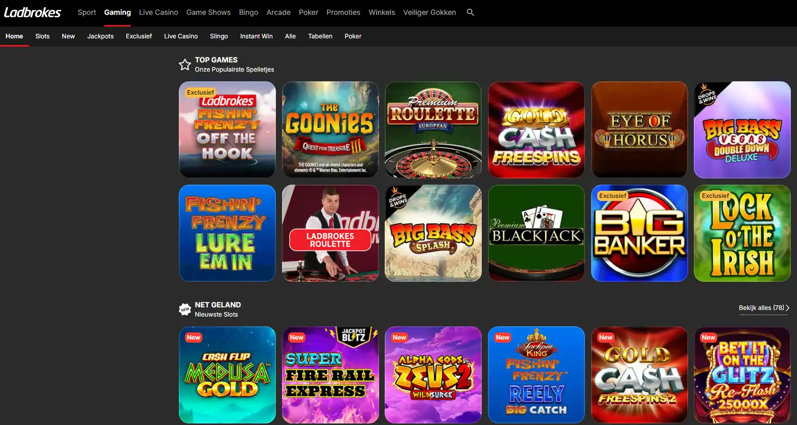 de echte Ladbrokes Games interface met casinocategorieën