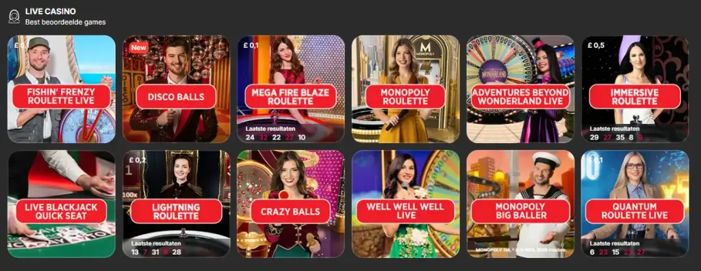 Ladbrokes live casino lobby met roulette, blackjack en andere live categorieen