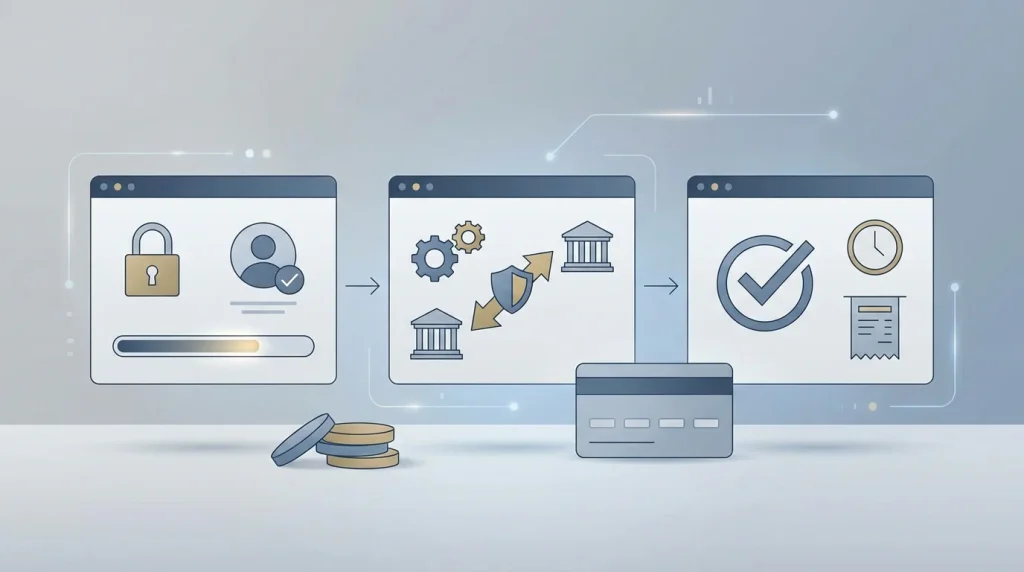 Neutrale illustratie van een opnameproces met accountcontrole, betaalroute en statusstappen